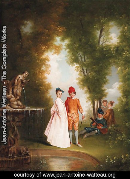 Jean-Antoine Watteau - An elegant couple by a sculpted fountain