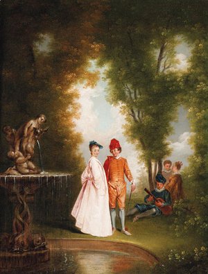 Jean-Antoine Watteau - An elegant couple by a sculpted fountain