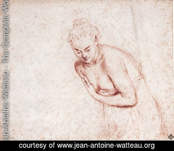 Jean-Antoine Watteau - A female nude, half-length, in a shift leaning forward with her hands concealing her breasts