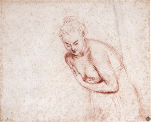 A female nude, half-length, in a shift leaning forward with her hands concealing her breasts