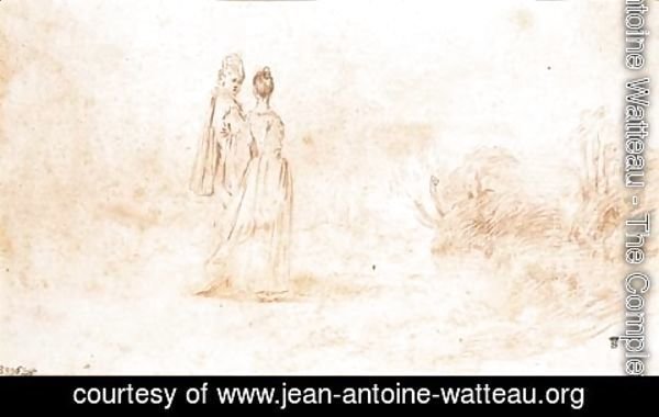 Jean-Antoine Watteau - An elegant couple walking in an extensive landscape