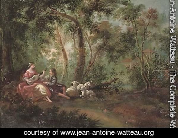 A wooded river landscape with a shepherd and shepherdess making music