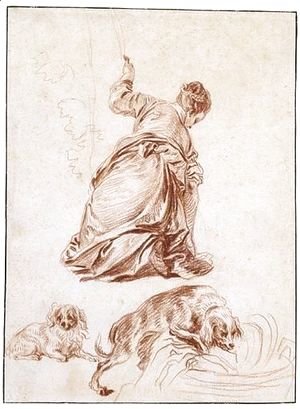 Jean-Antoine Watteau - A Kneeling Woman, After Veronese, And Two Studies Of Dogs, One After Rubens