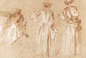 Jean-Antoine Watteau - Three Studies of a Lady with a Hat c. 1715