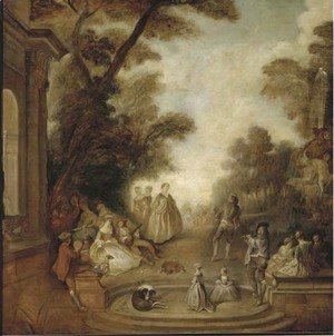 Jean-Antoine Watteau - A merry company in a park landscape