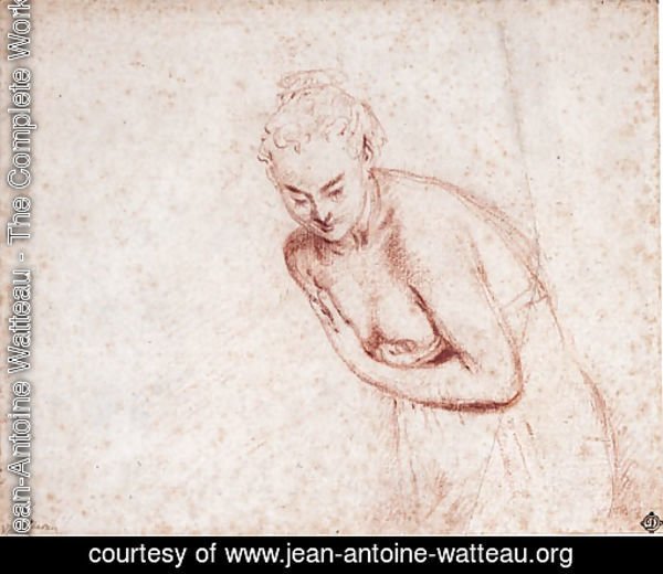A female nude, half-length, in a shift leaning forward with her hands concealing her breasts