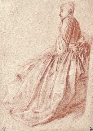 A woman in a long dress, seated in profile to the left