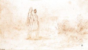Jean-Antoine Watteau - An elegant couple walking in an extensive landscape