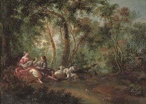 A wooded river landscape with a shepherd and shepherdess making music